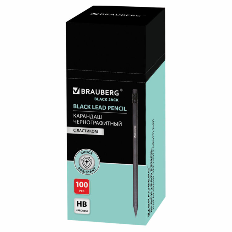 Карандаш чернографитный BRAUBERG, 1 шт., "Black Jack", НВ, с ластиком, черное дерево, корпус черный, 180609, 100 штук, 180609