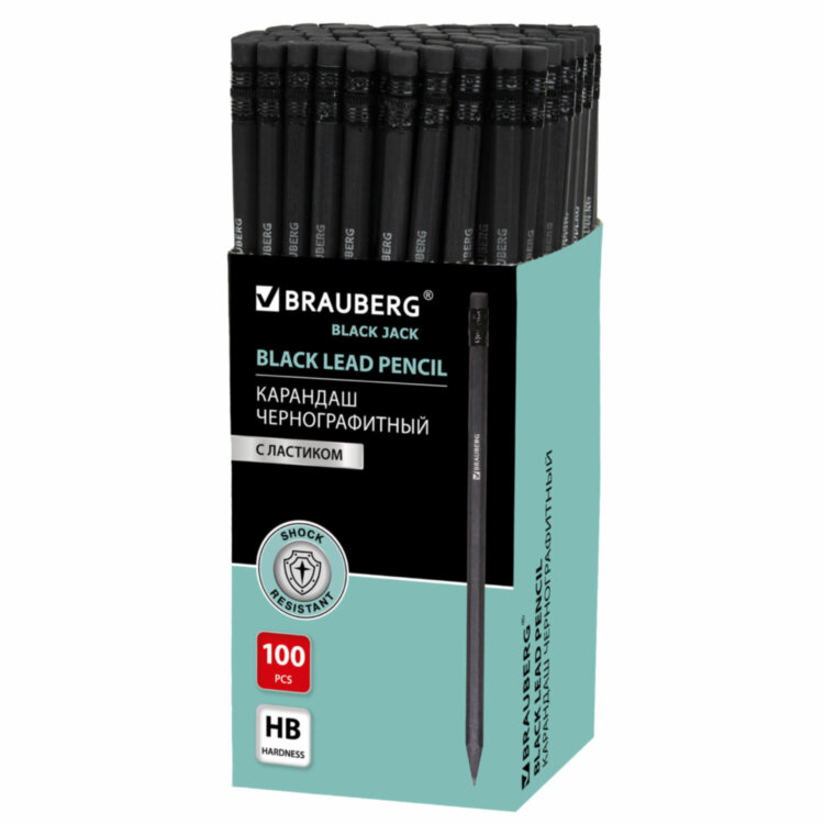 Карандаш чернографитный BRAUBERG, 1 шт., "Black Jack", НВ, с ластиком, черное дерево, корпус черный, 180609, 100 штук, 180609