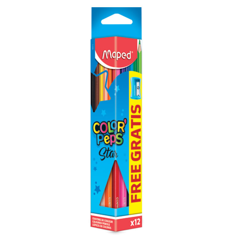 Карандаши цветные MAPED (Франция) "Color'Peps Star", 12 цветов + ТОЧИЛКА, трехгранные, грифель 3 мм, натуральное дерево,183213, 180770