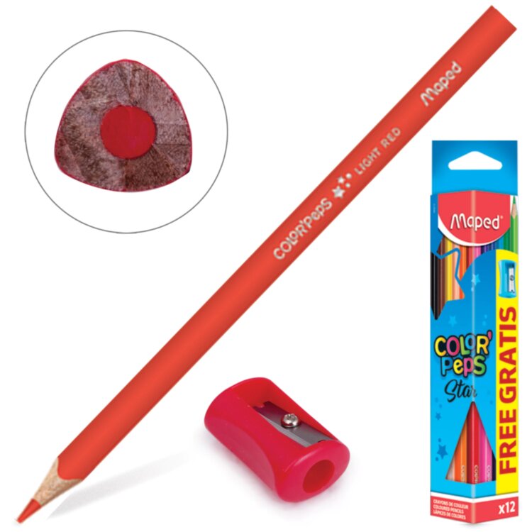 Карандаши цветные MAPED (Франция) "Color'Peps Star", 12 цветов + ТОЧИЛКА, трехгранные, грифель 3 мм, натуральное дерево,183213, 180770