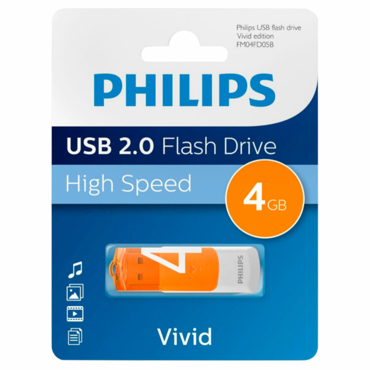Флеш-диск 4 GB PHILIPS VIVID, разъем USB 2.0, оранжевый, FM04FD05B/97, 514087