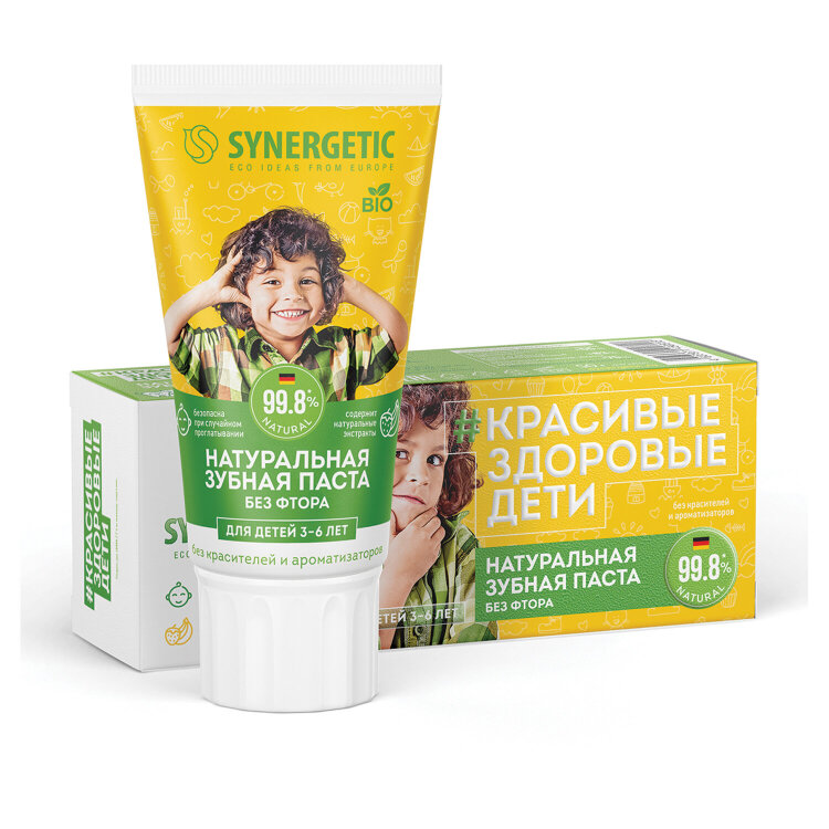 Зубная паста детская 50 г, SYNERGETIC, клубничка и банан, от 3 до 6 лет (желтая), 201009, 701879