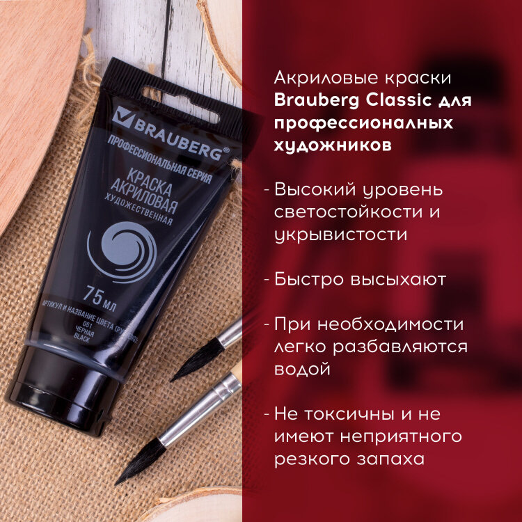 Краска акриловая художественная BRAUBERG ART CLASSIC, туба 75 мл, ЧЕРНАЯ, 191116, 191116