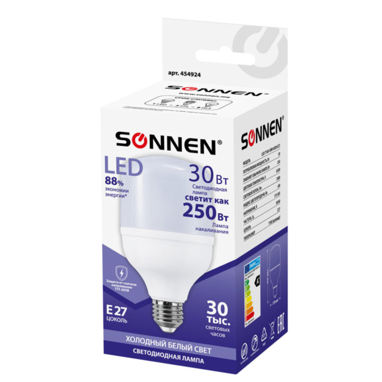 Лампа светодиодная SONNEN, 30 (250) Вт, цоколь Е27, цилиндр, холодный белый, 30000 ч, LED Т100-30W-6500-E27, 454924, 454924