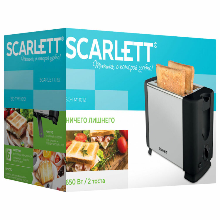 Тостер SCARLETT SC-TM11012, 650 Вт, 2 тоста, 6 режимов, металл/пластик, черный/серебро, 455892