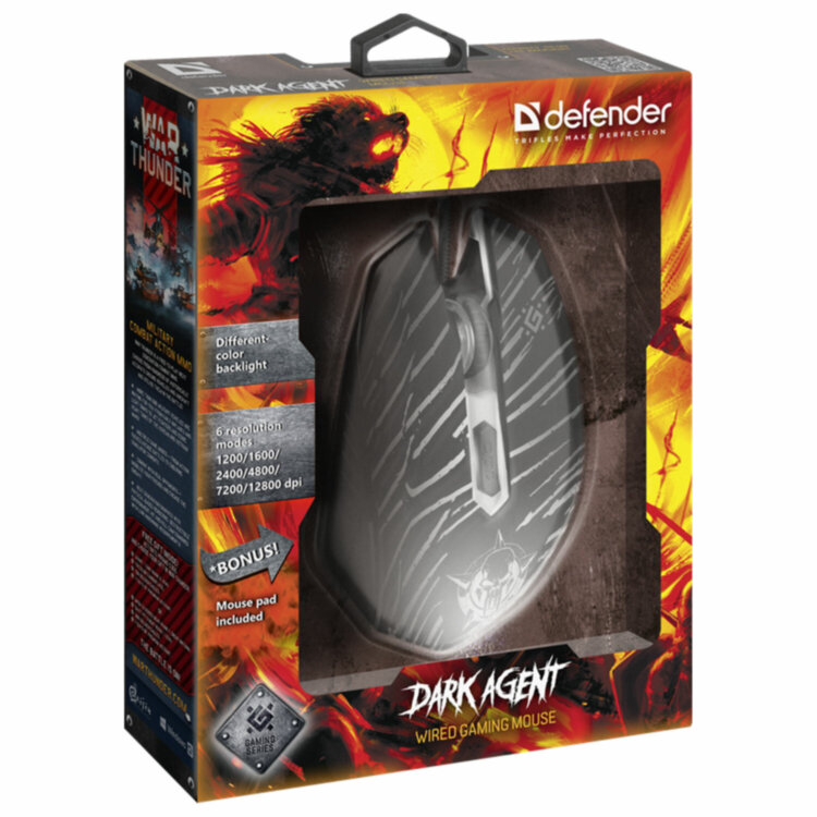 Мышь проводная игровая DEFENDER Dark Agent GM-590L, 12800 DPI, USB, 6 кнопок, оптическая, + коврик, черная, 52590, 513828