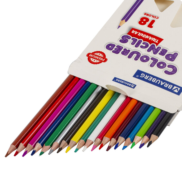 Карандаши цветные BRAUBERG PREMIUM, 18 цветов, трехгранные, грифель 3,3 мм, натуральное дерево, 181652, 181652