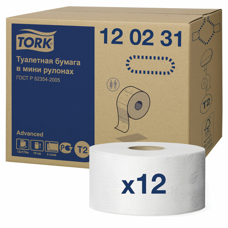 Бумага туалетная 170 метров, Tellus/TORK (Система T2) ADVANCED, КОМПЛЕКТ 12 рулонов, 2-слойная, белая, 120231, 126502