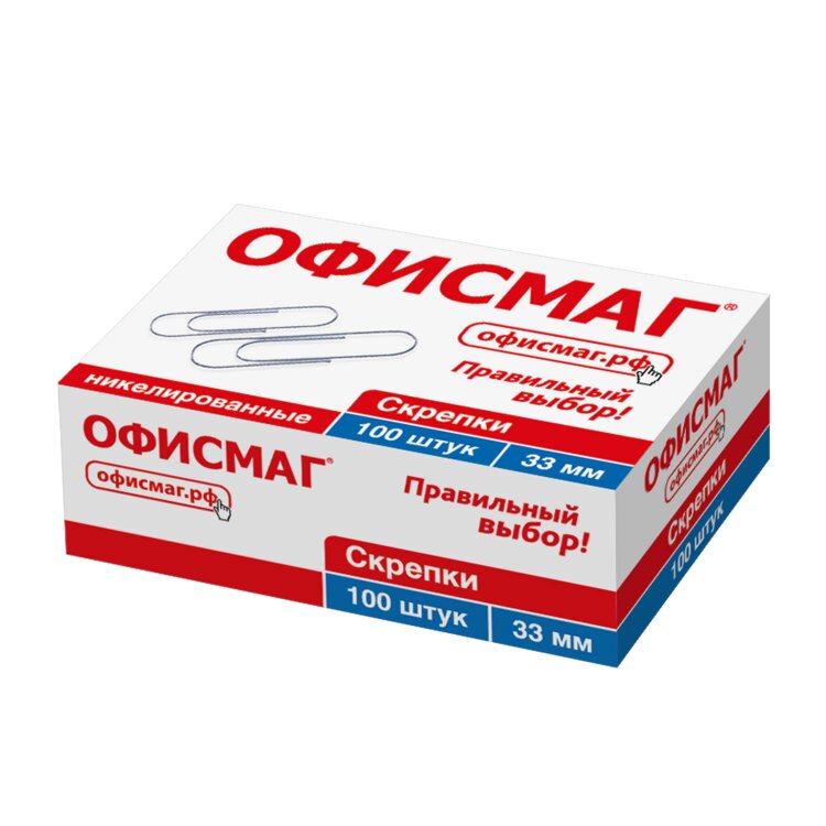 Скрепки ОФИСМАГ, 33 мм, никелированные, 100 шт., в картонной коробке, 225153, 225153