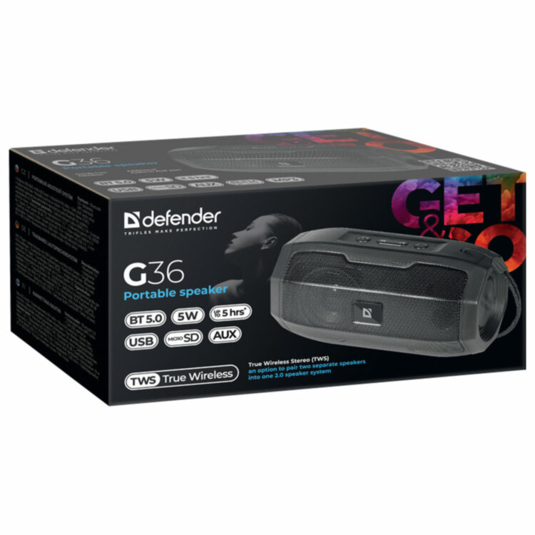 Колонка портативная DEFENDER G36, 5 Вт, Bluetooth, FM-тюнер, USB, черная, 65036, 513813