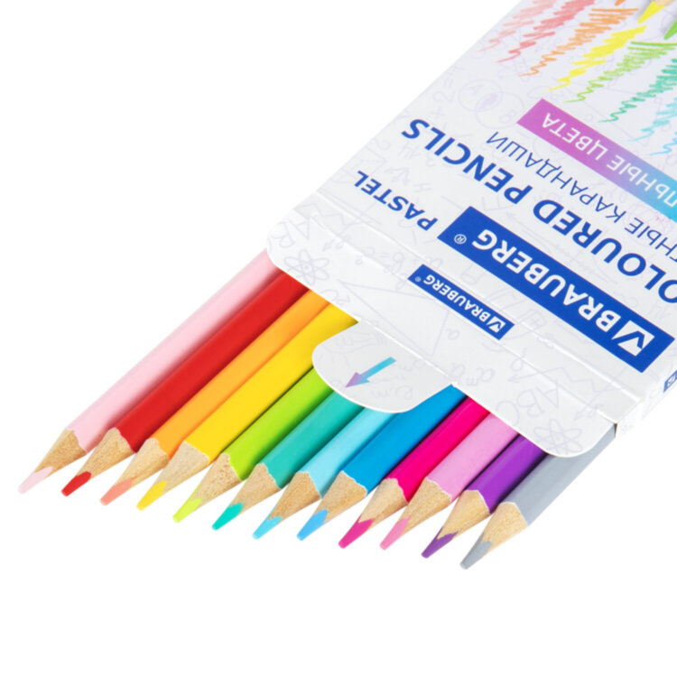 Карандаши цветные BRAUBERG PASTEL, 12 пастельных цветов, трехгранные, грифель 3 мм, натуральное дерево, 181850, 181850