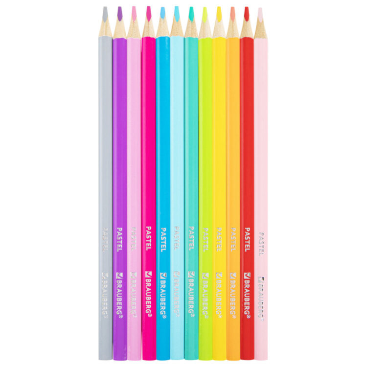 Карандаши цветные BRAUBERG PASTEL, 12 пастельных цветов, трехгранные, грифель 3 мм, натуральное дерево, 181850, 181850