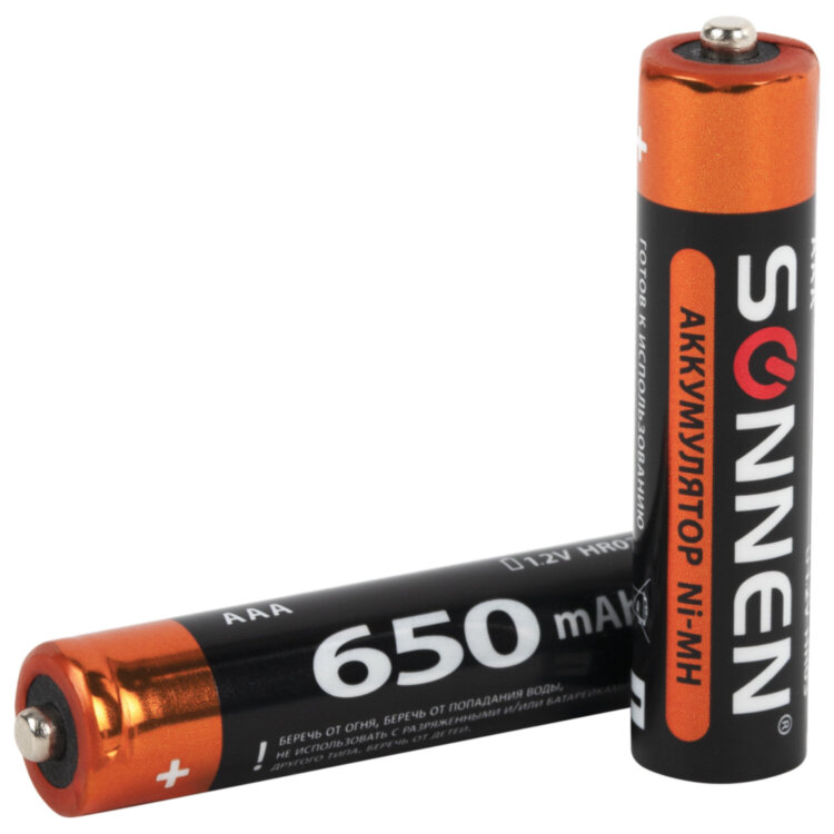 Батарейки аккумуляторные Ni-Mh мизинчиковые КОМПЛЕКТ 4 шт., AAA (HR03) 650 mAh, SONNEN, 455609, 455609