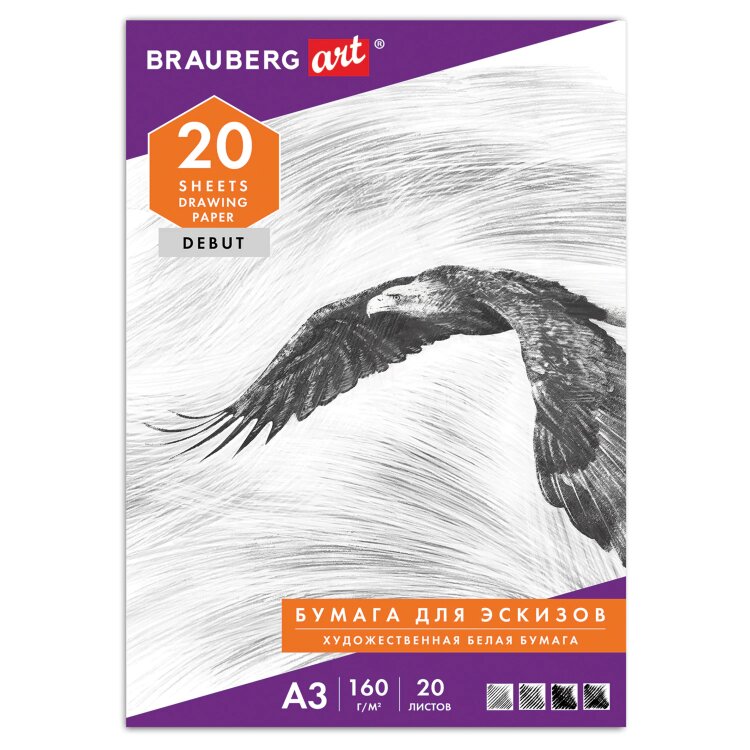 Папка для рисования БОЛЬШОГО ФОРМАТА А3, 20 л., 160 г/м2, BRAUBERG, 297х420 мм, "Орел", 125228, 125228