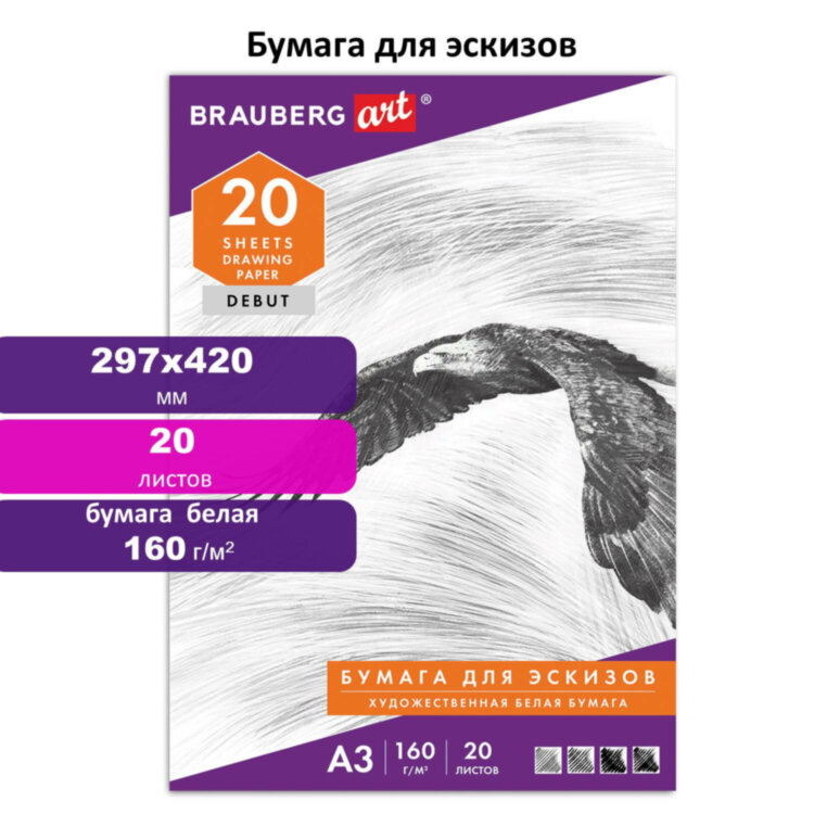 Папка для рисования БОЛЬШОГО ФОРМАТА А3, 20 л., 160 г/м2, BRAUBERG, 297х420 мм, "Орел", 125228, 125228