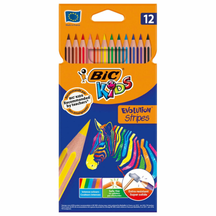 Карандаши цветные BIC "Evolution Stripes", 12 цветов, шестигранные, грифель 9505221, 182064