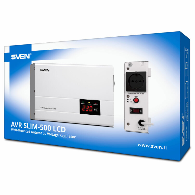 Стабилизатор SVEN SLIM-500 LCD, 400 Вт, 140-260 В, 1 евророзетка, настенное крепление, SV-012809, 354893