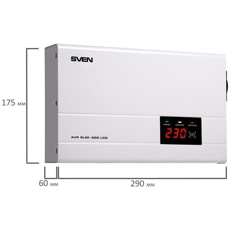 Стабилизатор SVEN SLIM-500 LCD, 400 Вт, 140-260 В, 1 евророзетка, настенное крепление, SV-012809, 354893