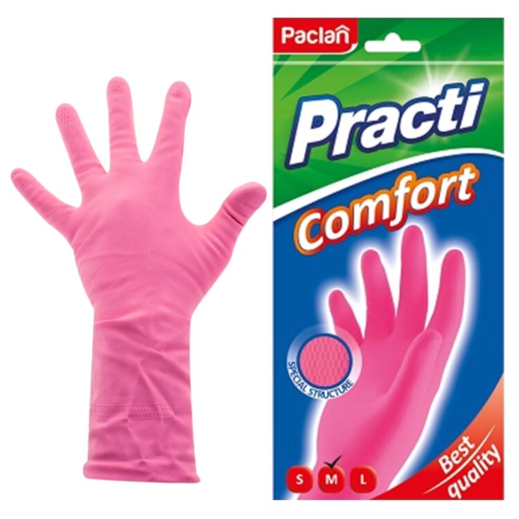 Перчатки МНОГОРАЗОВЫЕ латексные PACLAN "Practi Comfort", хлопчатобумажное напыление, размер 7,5-8, M (средний), розовые, вес 62 г, 407651, 606354