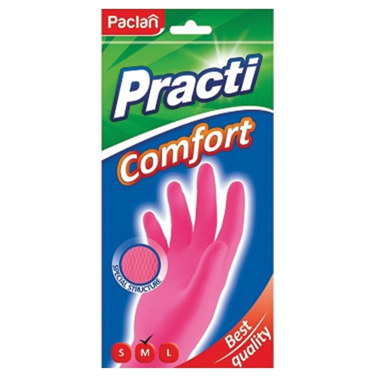 Перчатки МНОГОРАЗОВЫЕ латексные PACLAN "Practi Comfort", хлопчатобумажное напыление, размер 7,5-8, M (средний), розовые, вес 62 г, 407651, 606354