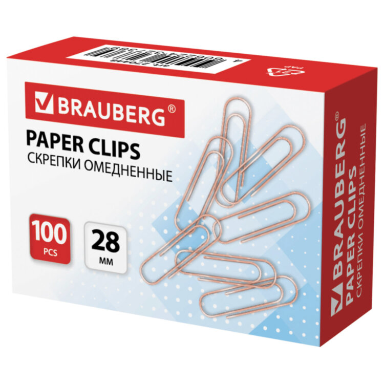 Скрепки BRAUBERG, 28 мм, омедненные, 100 шт., в картонной коробке, 270448, 270448