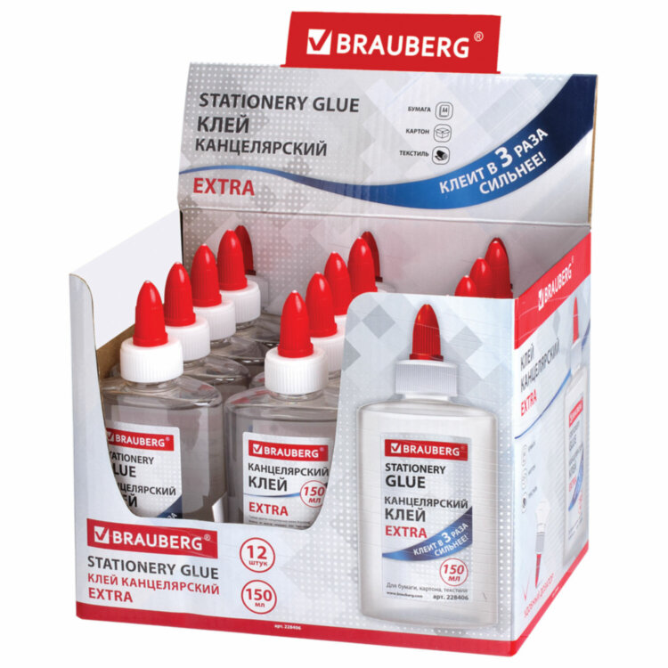 Клей канцелярский EXTRA BRAUBERG, 150 мл, с дозатором, 228406, 228406