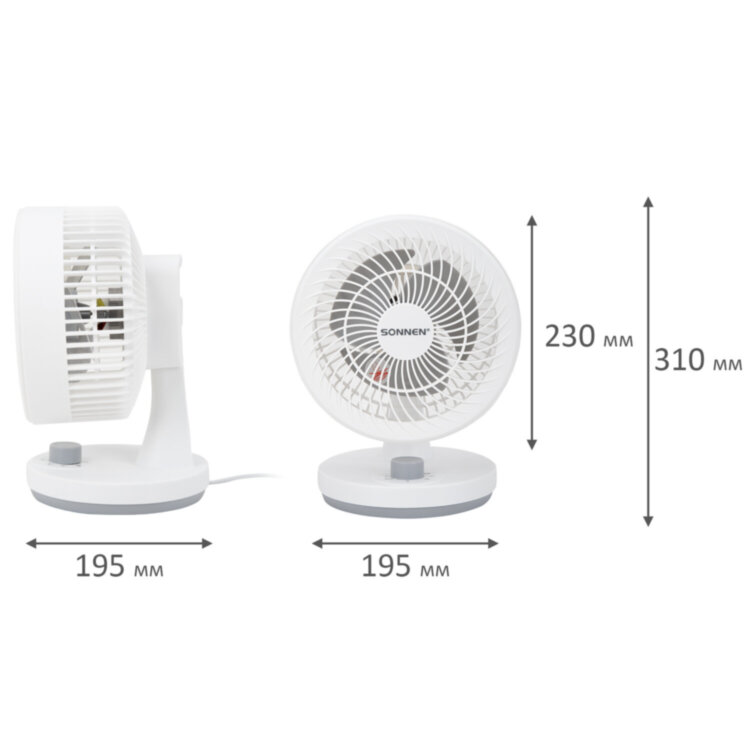 Вентилятор настольный SONNEN FT-160, 40 Вт, 23 см, 3 скорости, вращение на 60°, механическое управление, белый, 457784, 457784
