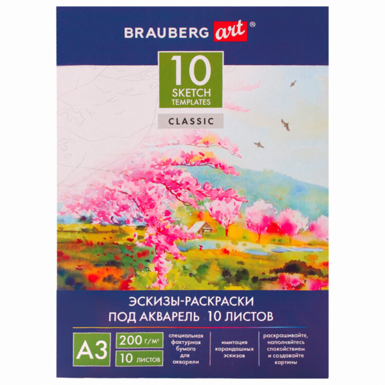 Папка для акварели С ЭСКИЗОМ, БОЛЬШАЯ А3, 10 л., 200 г/м2, 297х420 мм, BRAUBERG, 110065, 111065, 111065