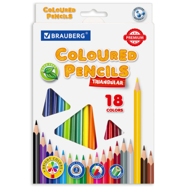 Карандаши цветные BRAUBERG PREMIUM, 18 цветов, трехгранные, грифель 3 мм, 181662, 181662