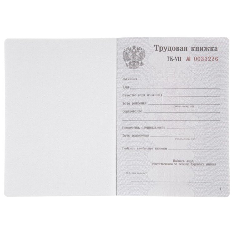 Бланк документа "Трудовая книжка", 88х125 мм, ГОЗНАК, 121229
