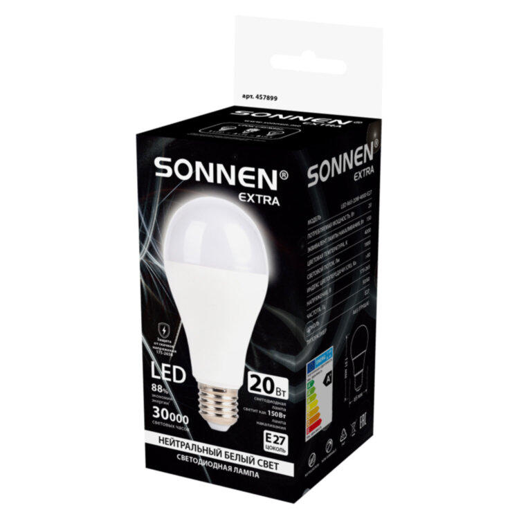 Лампа светодиодная SONNEN EXTRA, 20 (150) Вт, Е27, груша, нейтральный белый, 30000 ч, LED A65-20W-4000-Е27, 457899, 457899
