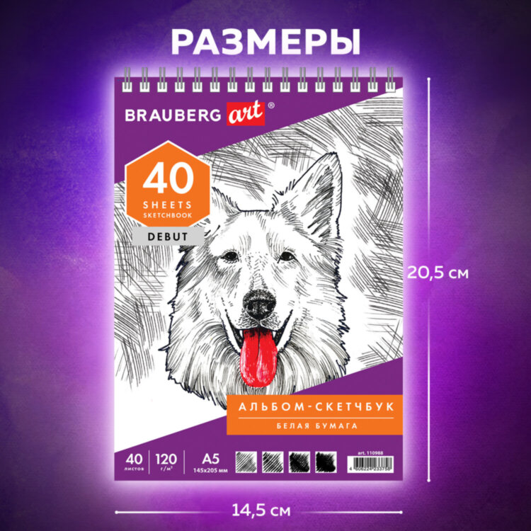 Скетчбук, белая бумага 120 г/м2, 145х205 мм, 40 л., гребень, жёсткая подложка, BRAUBERG ART DEBUT, 110988, 110988
