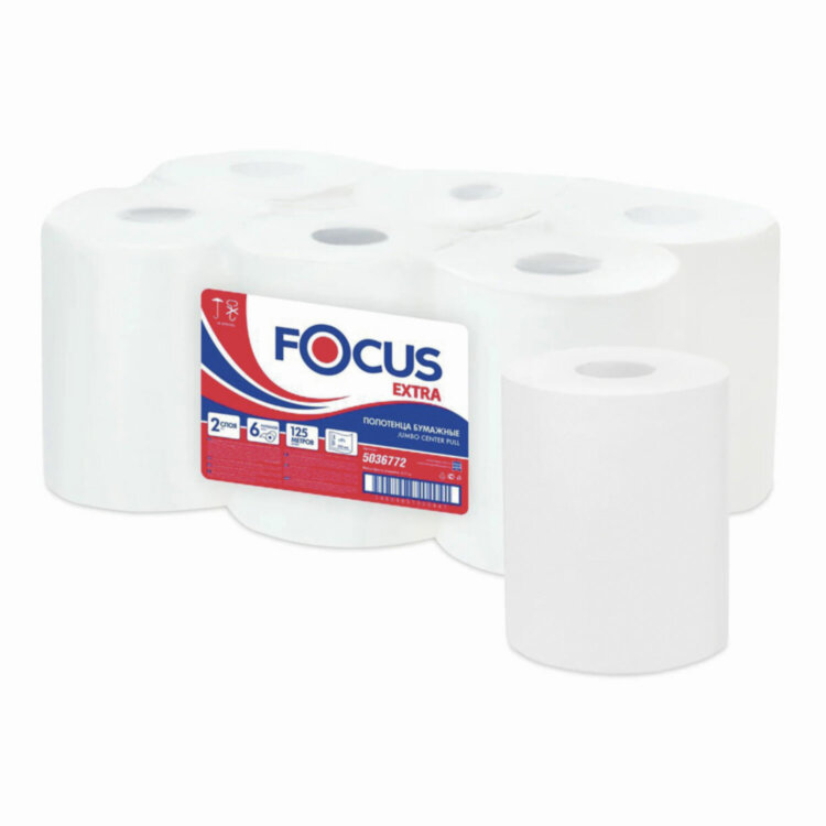 Полотенца бумажные с центральной вытяжкой 125 м FOCUS (Система М2) Jumbo, 2-слойные, белые, КОМПЛЕКТ 6 рулонов, 5036772, 112147