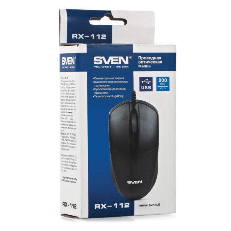 Мышь проводная SVEN RX-112, USB, 2 кнопки+1 колесо-кнопка, оптическая, черная, SV-03200112UB, 512587