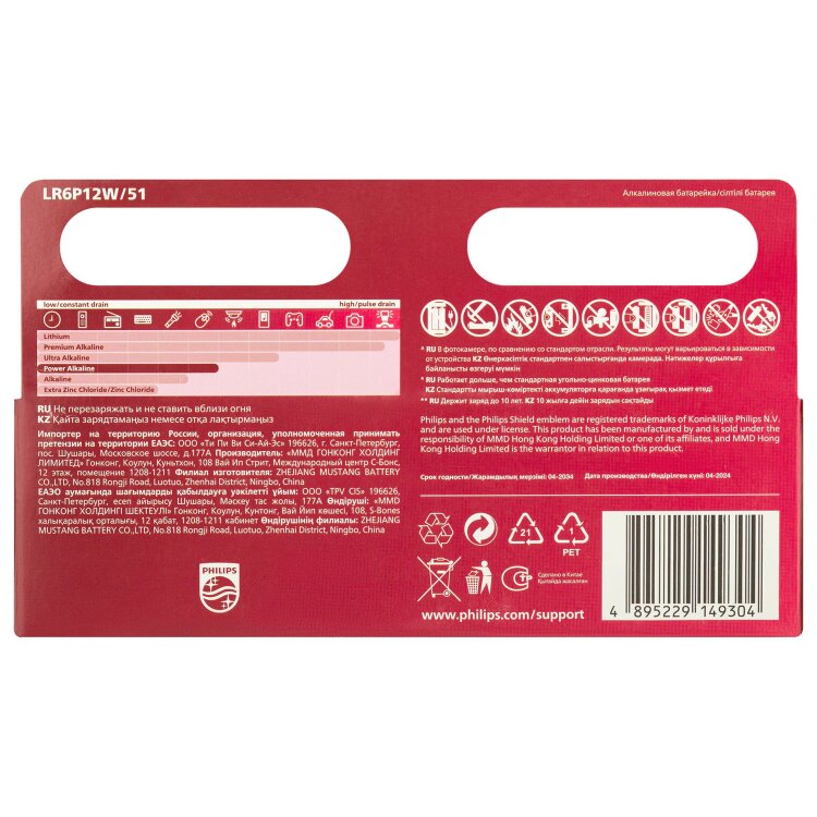 Батарейки алкалиновые "пальчиковые" КОМПЛЕКТ 12 шт., PHILIPS Power Alkaline, АА (LR6, 24А), блистер, Б0064661, 457394