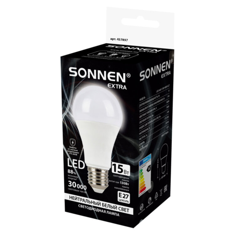 Лампа светодиодная SONNEN EXTRA, 15 (130) Вт, Е27, груша, нейтральный белый, 30000 ч, LED A60-15W-4000-Е27, 457897, 457897