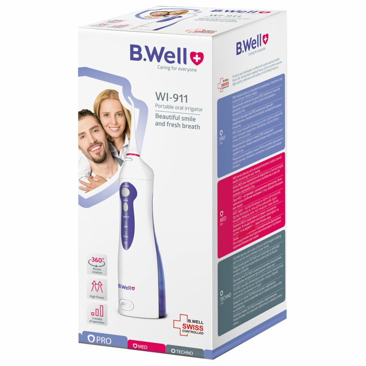Ирригатор для полости рта (НДС 10%) B.WELL WI-911, портативный, емкость резервуара 0,15 л, 2 насадки, белый, 631235