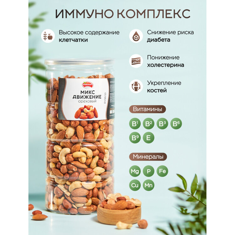 Орехи сушеные в банке "МИКС Движение", кешью, фундук, миндаль, арахис, 1 кг, NARMAK, 622757