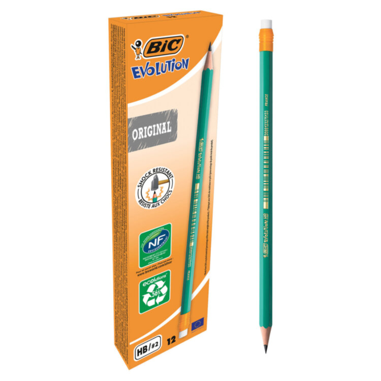 Карандаш чернографитный BIC, 1 шт., "Evolution", HB, с ластиком, корпус зеленый, 8803323, 36 штук, 180094