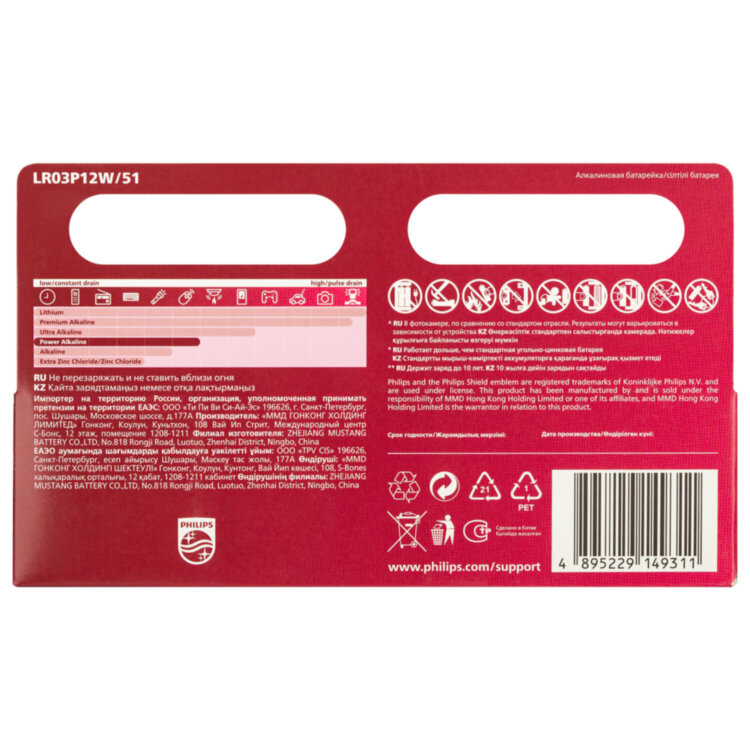 Батарейки алкалиновые "мизинчиковые" КОМПЛЕКТ 12 шт., PHILIPS Power Alkaline, ААА (LR03, 15А), блистер, Б0064681, 457395