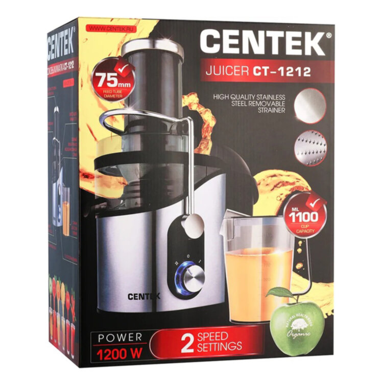 Соковыжималка CENTEK CT-1212, 1200 Вт, стакан 1,1 л, емкость для жмыха 1,7 л, металл, сталь/черный, 457605