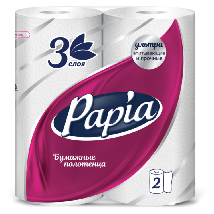 Полотенца бумажные бытовые, спайка 2 шт., 3-слойные (2х10,8 м), PAPIA, 22,7x12 см, белые, 5081504, 112048