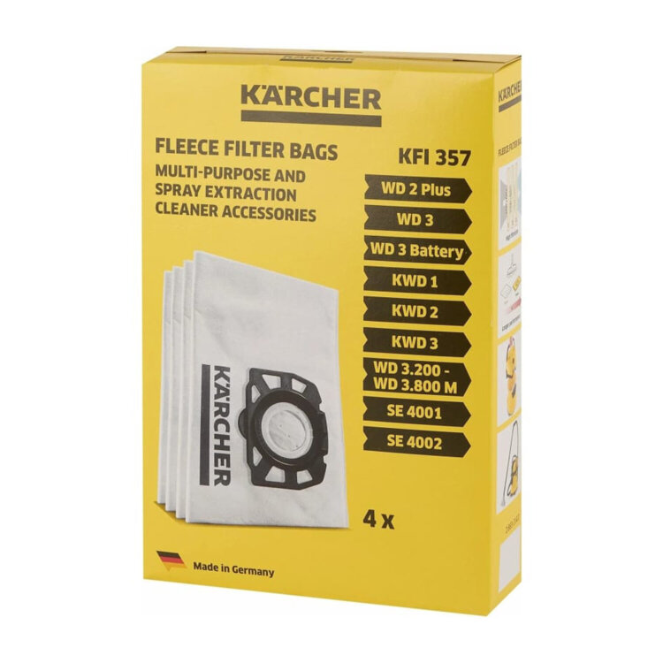Мешки для сбора пыли KARCHER, КОМПЛЕКТ 4 шт., нетканые, пылесосы WD2 Plus/3, SE 4001/02, 2.863-314.0, 456641