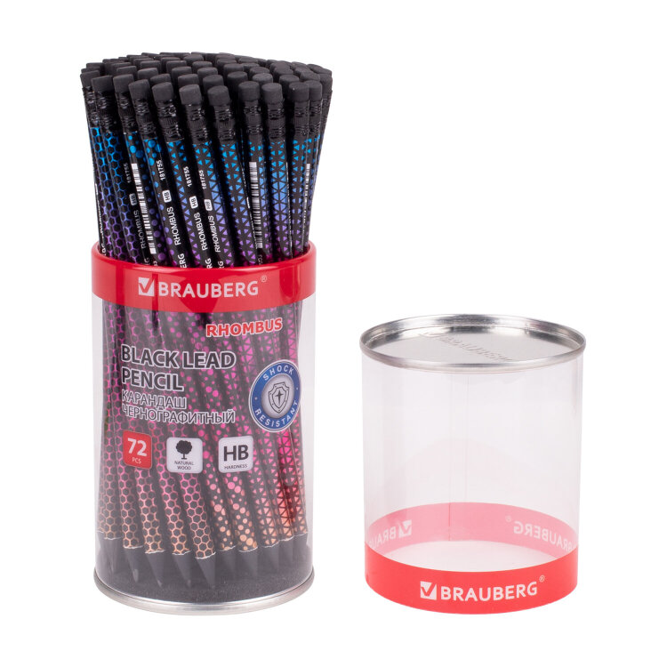 Карандаш чернографитный BRAUBERG "RHOMBUS", 1 шт., HB, с ластиком, корпус ассорти, 181755, 72 штук, 181755