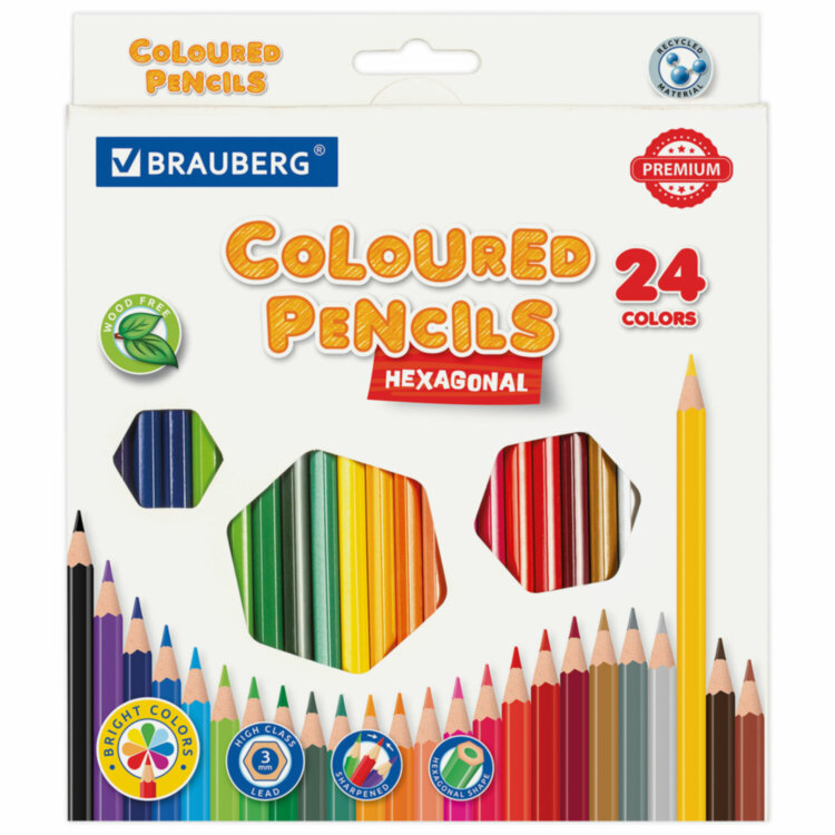 Карандаши цветные BRAUBERG PREMIUM, 24 цвета, шестигранные, грифель 3 мм, 181668, 181668