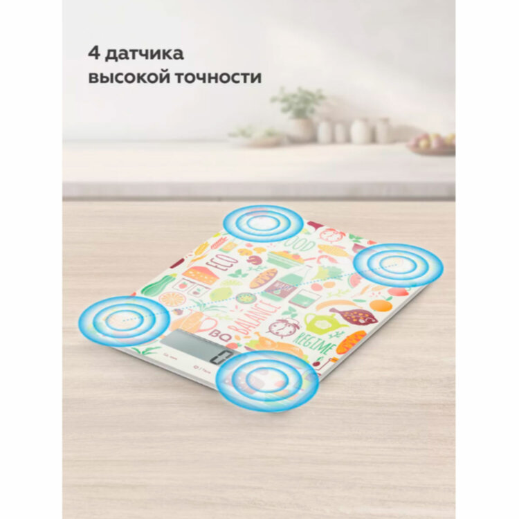 Весы кухонные BQ (БИ-КЬЮ) KS1010, электронный дисплей, max вес 5 кг, тарокомпенсация, закаленное стекло, с рисунком, 86191803, 457486