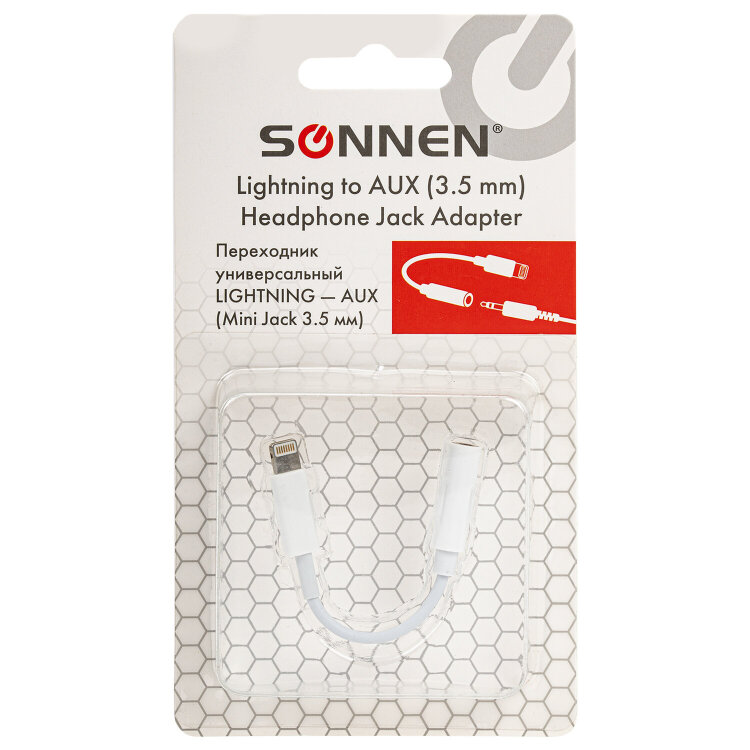 Переходник для наушников с iPhone LIGHTNING на AUX (MINI JACK 3.5 мм), SONNEN, 0,1 м, белый, 513565, 513565