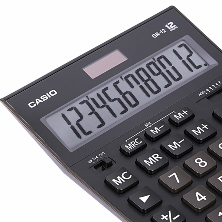 Калькулятор настольный CASIO GR-12-W (209х155 мм), 12 разрядов, двойное питание, черный, европодвес, GR-12-W-EP, 250380
