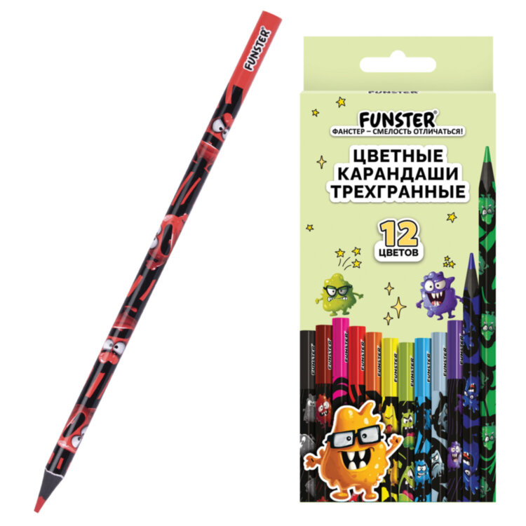 Карандаши цветные FUNSTER (ФАНСТЕР) МОНСТРИКИ, 12 цветов, черный корпус с принтом, трехгранные, 182065, 182065