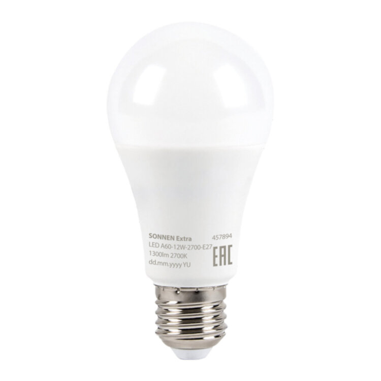Лампа светодиодная SONNEN EXTRA, 12 (100) Вт, Е27, груша, теплый белый, 30000 ч, LED A60-12W-2700-Е27, 457894, 457894